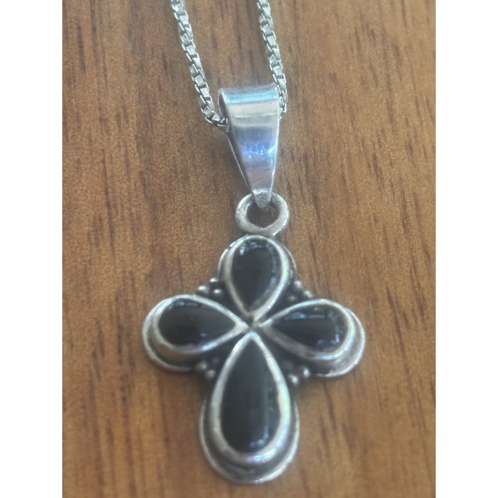 Sterling Silver Serpentine Chain Necklace, Black Onyx Cross Pendant, 925, 19"
